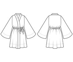 kimono dress pattern sketch Wrap Dress Technical Drawing, Kimono Dress Pattern, Robe Sewing Pattern, Wrap Dress Sewing Patterns, Basic Dress Pattern, Kimono Shrug, Kimono Style Dress, Japanese Sewing Patterns, Wrap Dress Pattern