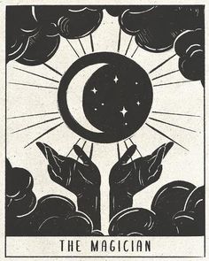 the magician tarot card with two hands holding a crescent and stars above it, surrounded by clouds