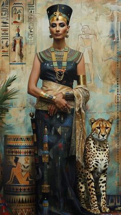 an egyptian woman and her cat are depicted in this painting