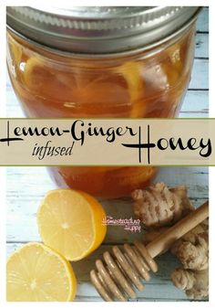 a jar filled with lemon ginger honey next to some sliced lemons and cinnamon sticks