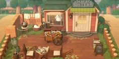 an animated image of a small house in the middle of a yard with lots of furniture