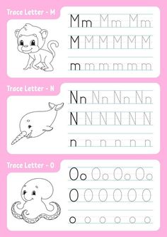 trace letter n worksheet for children with cartoon animals and letters to write them