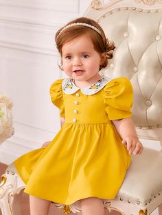 Baby Girl Elegant A-Line Dress With Peter Pan Collar, Bubble Sleeve And Floral Embroidery Detail Yellow   Short Sleeve Woven Fabric Colorblock,Floral A Line Non-Stretch  Baby Girls Clothing, size features are:Bust: ,Length: ,Sleeve Length: Dress With Peter Pan Collar, Bubble Sleeve, La Girl, Yellow Shorts, Girls Clothes, Pan Collar, Embroidery Details, Peter Pan Collar