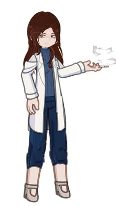 a drawing of a woman in white coat and blue pants holding a bird on her arm