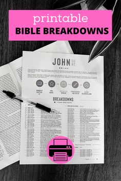 printable bible breakdowns on top of a table with paper and pen next to it