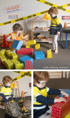 there are two pictures of children playing with blocks and building them in the same room