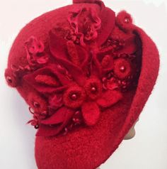 Felted Wool Hat with Flowers, Downton Abbey Hat, Red Felted Hat, Retro Hat, Art Deco Hat, 1920's Cloche Hat handmade in your size Cloche Art, Art Deco Hats, Hat With Flowers, 1920s Headpiece, Wool Cloche Hat, Retro Hat, Dressy Hats, Felted Hat, Cloche Hats