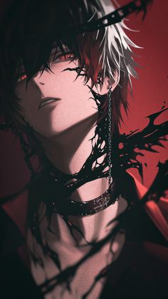 an anime character with white hair and red eyes, wearing chainmails on his neck