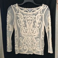 This Is A Never Worn Off-White Long Sleeve Lace Shirt. I Took Tag Off Thinking I Would Wear It But Never Did. Priced As Marked. White Sheer Long Sleeve Lace Top, Elegant White Crew Neck Top, Elegant White Stretch Tops, Fall Sheer White Blouse, Fall White Sheer Blouse, White Sheer Blouse For Fall, Chic White Sheer Lace Top, White Stretch Sheer Top, White Sheer Stretch Top