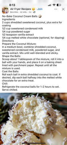 the recipe for coconut cream balls is shown in two separate pictures, one with white frosting on top and one with chocolate sprinkles on bottom