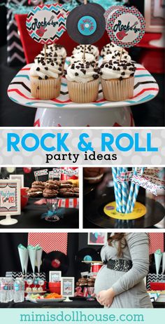 a rock and roll party with cupcakes, candy bars, and desserts