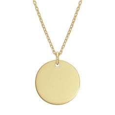 Engravable Disk Pendant in 14k Yellow Gold (18 in) | Shane Co. Classic Yellow Gold Coin Necklace With Round Pendant, Engraved Yellow Gold Medallion Necklace In Round Disc Shape, Engraved Yellow Gold Round Disc Medallion Necklace, Engraved Yellow Gold Medallion Necklace, Classic Yellow Gold Medallion Necklace, Minimalist Engraved Yellow Gold Coin Necklace, Classic 14k Gold Coin Pendant Necklace, 14k Yellow Gold Round Pendant Medallion Necklace, Classic 14k Gold Coin Necklace With Round Pendant