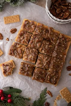 pecan bars cut into squares on top of wax paper next to christmas greenery