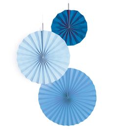 three blue paper parasols hanging from the ceiling