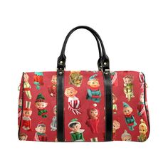 "HOLIDAY DEADLINES USA customers: Please order by Tues. Dec. 1st. Expedite by Mon. Dec. 9th. No guarantee after those dates. Outside USA no guarantee even with expedited shipping, sorry. If you have a thing for vintage elves, this beautifully printed bag's for you! This medium sized travel bag is a great piece of luggage for an overnight stay, or a trip to the gym or dance studio. Made of waterproof canvas, it's lined inside with a soft waterproof beige material that can be wiped down easily. * Novelty Red Travel Bag, Cat Themed Parties, Dec 1st, Overnight Bags, Cat Birthday, Dance Studio, Overnight Bag, Cat Theme, Printed Bags