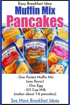 an advertisement for muffin mix pancakes with the words, one packet muffin mix