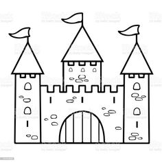 a drawing of a castle with flags on top