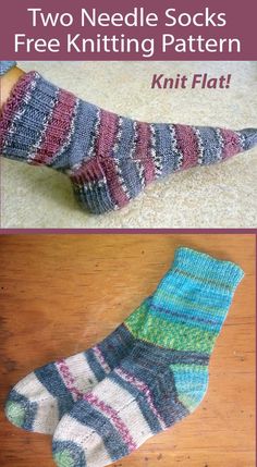 two needle socks with text overlay that reads, two needle socks free knitting pattern knit flat