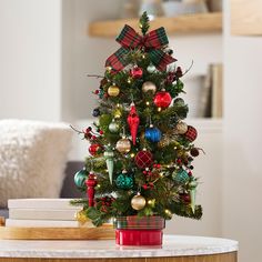 a small christmas tree sitting on top of a table