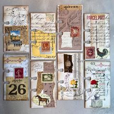 there are many different pieces of paper on the wall that have been altered to look like old postcards