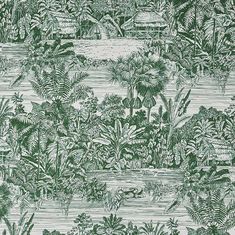 a green and white jungle scene wallpaper with palm trees, bushes, and other tropical plants