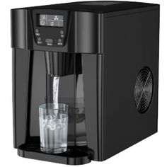 a black water dispenser with two glasses on it