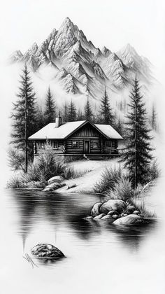 a drawing of a cabin by the water with mountains in the background and trees around it