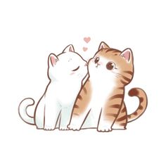 two cats sitting next to each other on top of a white surface with hearts in the background