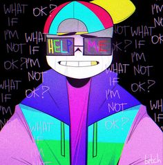 a cartoon character wearing sunglasses and a hat with words written all over it in the background