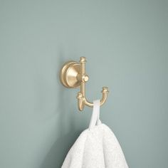 a white towel hanging on the wall next to a gold robe rack and toilet paper dispenser