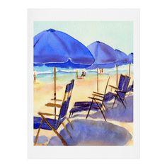 watercolor painting of beach chairs and umbrellas