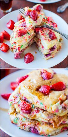 pancakes with strawberries and sprinkles are stacked on top of each other