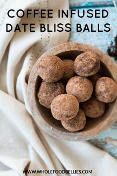 coffee infused date bliss balls in a wooden bowl