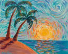 a painting of two palm trees on an island