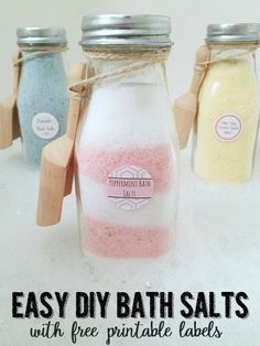 three bath salts with free printable labels are shown in front of each other and the words, easy diy bath salts