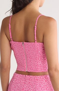 Flowery lace furthers the sweetness of this bustier-inspired crop top that's rendered in pretty pink. 15 1/2" length Exposed back-zip closure Sweetheart neck Adjustable straps 100% polyester Hand wash, line dry Imported Floral Bustier, Pink Fits, Sweetheart Neck, Anniversary Sale, Pretty Pink, Pretty In Pink, Nordstrom Rack, Lush, Adjustable Straps