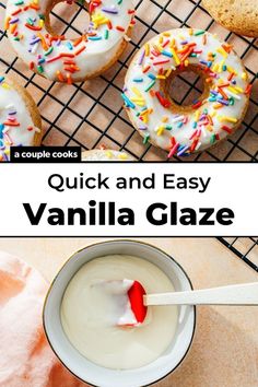 a cup of yogurt and two donuts on a cooling rack