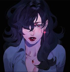 a woman with long black hair and red eyes