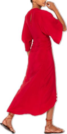 Formal V-neck Wrap Dress With Draped Sleeves, Red V-neck Wrap Dress For Evening, Elegant Maxi Dress With Kimono Sleeves, Elegant Red Wrap Dress With Surplice Neckline, Elegant Red Wrap Dress, Elegant Evening Maxi Dress With Kimono Sleeves, Silk V-neck Wrap Dress For Evening, Elegant Red Wrap Dress For Evening, Maxi Length Wrap Dress For Wedding Guest