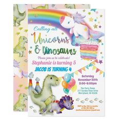 a birthday party with unicorns and dinosaurs on the front, in pastel colors