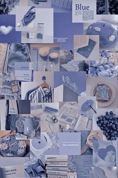 a collage of blue and white images