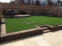 a backyard with grass and steps leading up to the back yard, surrounded by brick walls