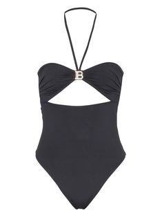 black cut-out detailing gold-tone hardware logo plaque halterneck bandeau style one-piece design slip-on style Be mindful to try on swimwear over your own garments. Luxury One-piece Swimwear For The Beach, Luxury One-piece Swimwear, Chic Evening Swimwear With Cutout, Luxury One-piece Swimwear For Summer, Elegant Halter Neck Swimwear With Cutout, Elegant Halter Neck Cutout Swimwear, Luxury Black One-piece Swimwear, Black Cutout Swimwear For Evening, Luxury Swimwear For Pool