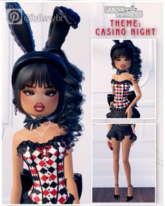 an image of a doll with bunny ears and black hair wearing a dress that has red and white checkers on it