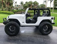 a white jeep is parked in front of some palm trees