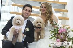 a bride and groom pose with their two poodles in front of the staircase