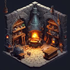 an image of a fireplace in the middle of a room that is made out of stone