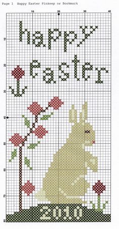 a cross stitch pattern with the words happy easter and a cat sitting on top of a flower