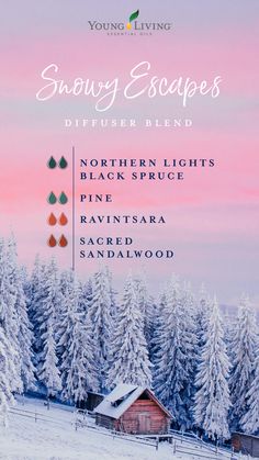 Leave responsibility at the cabin door and get ready for a weekend of staying warm by the fire while it snows outside! For when it isn’t winter or you can’t make it to the mountains, diffuse brisk essential oils like Northern Lights Black Spruce and Pine with calming oils like Sacred Sandalwood and Ravintsara for a Snowy Escapes diffuser blend. #aromatherapy #essentialoils #diffuserblend #spring #outdoor #seasonal #youngliving #yleo Cabin Door, Calming Oils