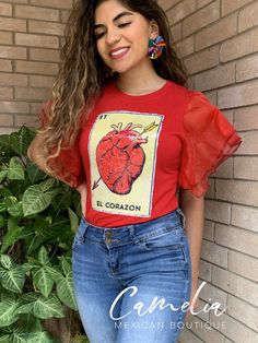 Mexican Loteria Shirt EL CORAZON – Camelia Mexican Boutique Loteria Shirts For Women, Sequence Shirt, Mexican Boutique, Loteria Shirts, Mexican Loteria, Mexican T Shirts, Mexican Style, Themed Outfits, Ruffled Sleeves